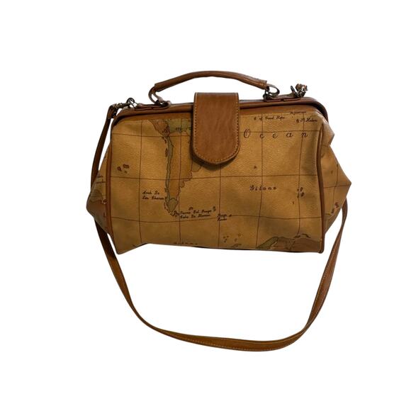 Gitano Vintage Structured World Map Print Bag Purse Vegan Leather Atlas Camel - Picture 3 of 10
